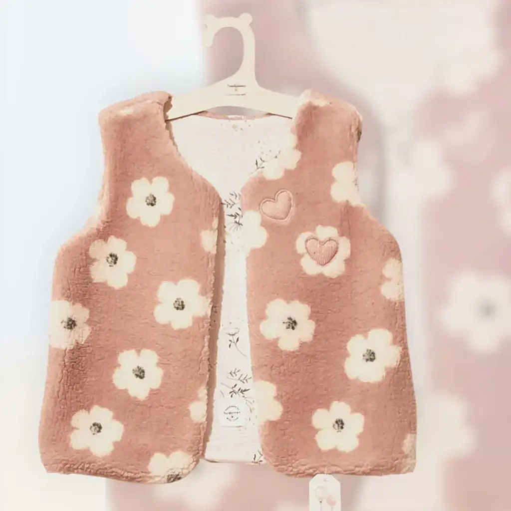 Gilet de berger velours rose a fleur 2 ans