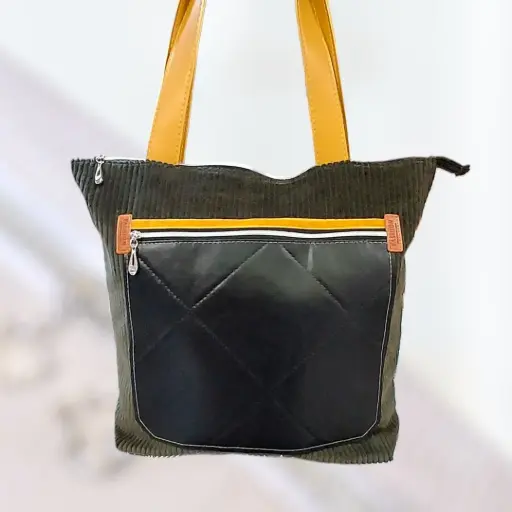 Totebag bicolore velours kaki simili cuir noir