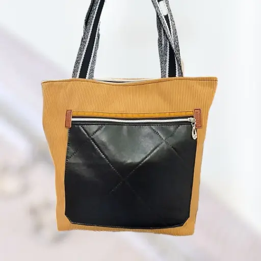 Totebag bicolore velours moutarde/simili cuir noir