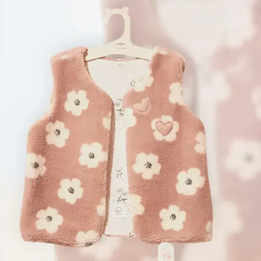 Gilet de berger velours rose a fleur 2 ans